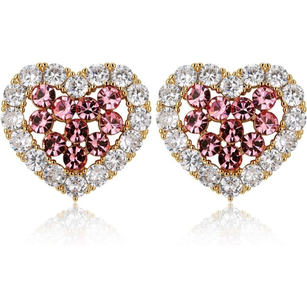 Women's Pink Clear Crystal Cute Heart Stud Gold Plated Lightweight Earrings